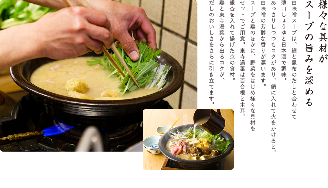 様々な具材が スープの旨みを深める　白味噌スープは、鰹と昆布のだしと合わせて薄口しょうゆと日本酒で調味。あっさりしつつもコクがあり、鍋に入れて火をかけると、白味噌の芳醇な香りが漂います。スープと鶏のほかに、野菜をはじめ様々な具材をセットでご用意。東寺湯葉は百合根と木耳、銀杏を入れて揚げた京の食材。鶏と東寺湯葉から出るコクが、だしのおいしさをさらに引き立てます。